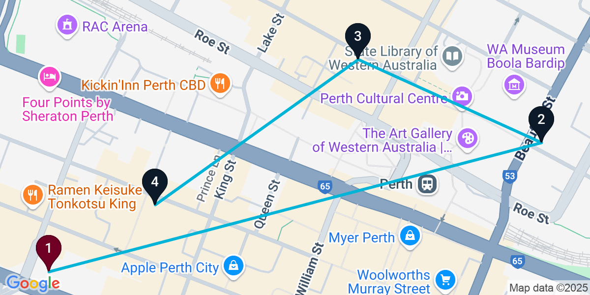 Map for 4-Stop Perth Nightclub Bar Crawl