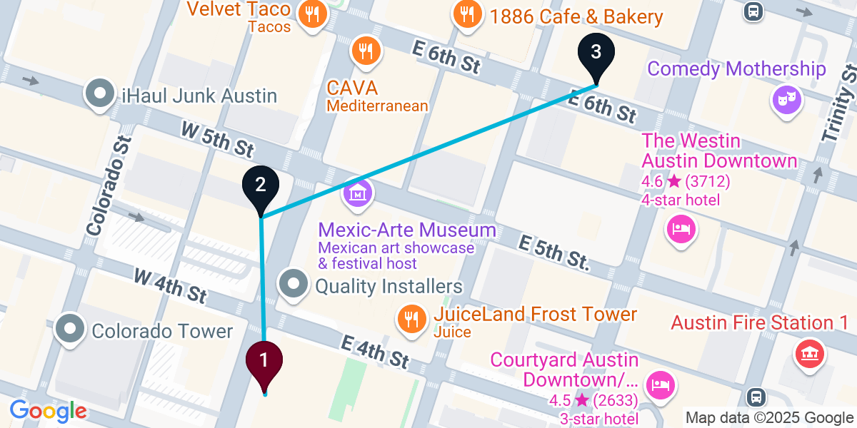 Map for 3-Stop Austin Live music Bar Crawl