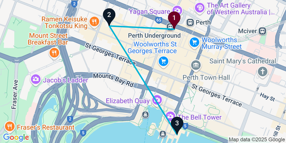 Map for 3-Stop Perth Rooftop Bar Crawl