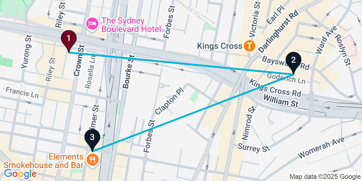 Map for 3-Stop Darlinghurst Rooftop Bar Crawl