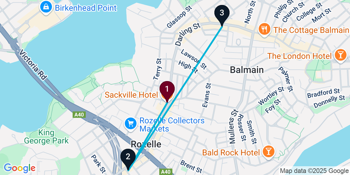 Map for 3-Stop Rozelle Bar Crawl