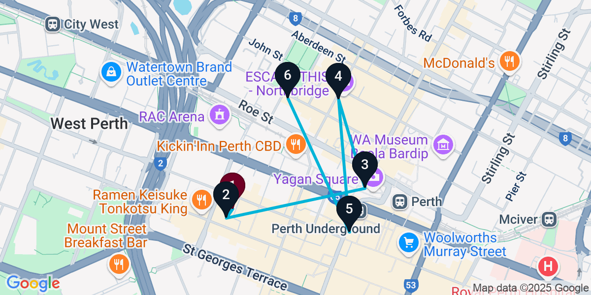 Map for 6-Stop Perth Bar Crawl