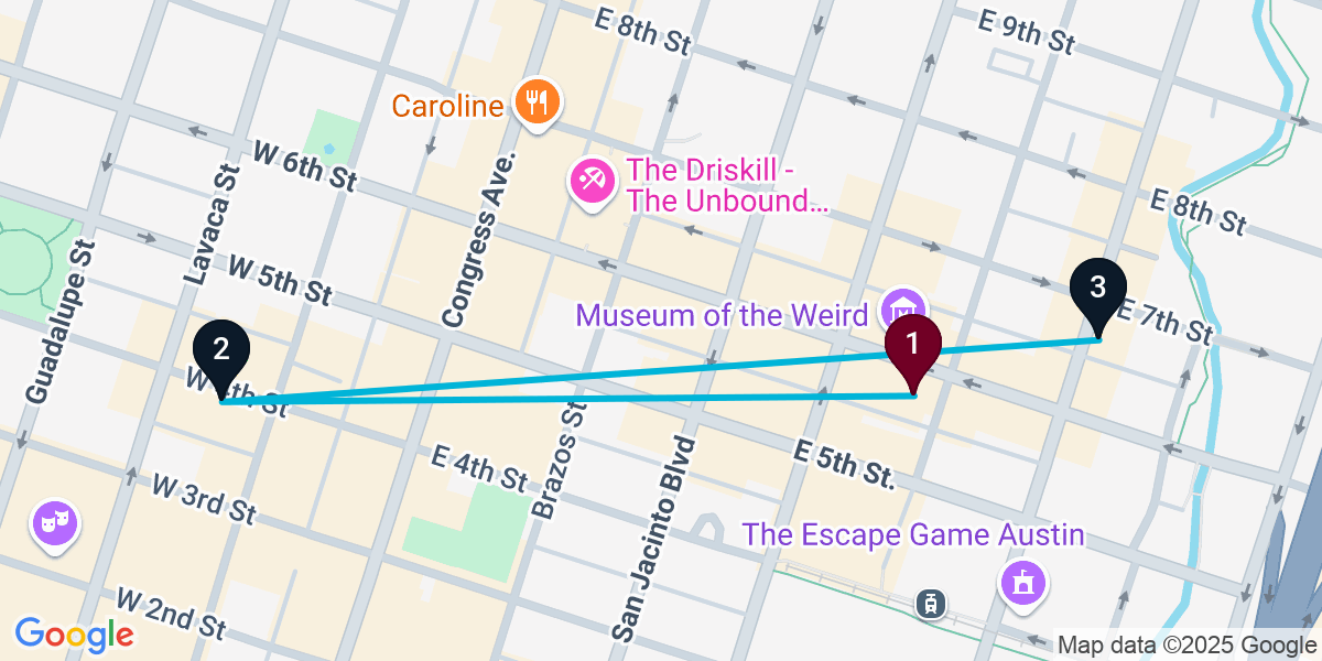 Map for 3-Stop Austin Nightclub Bar Crawl