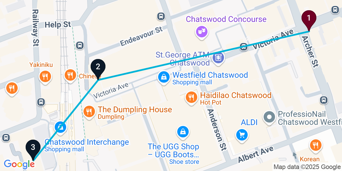 Map for 3-Stop Chatswood Bar Crawl