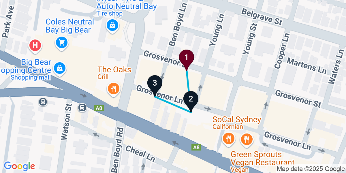 Map for 3-Stop Neutral Bay Bar Crawl