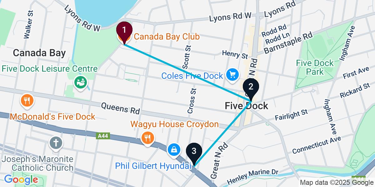 Map for 3-Stop Five Dock Pub Bar Crawl