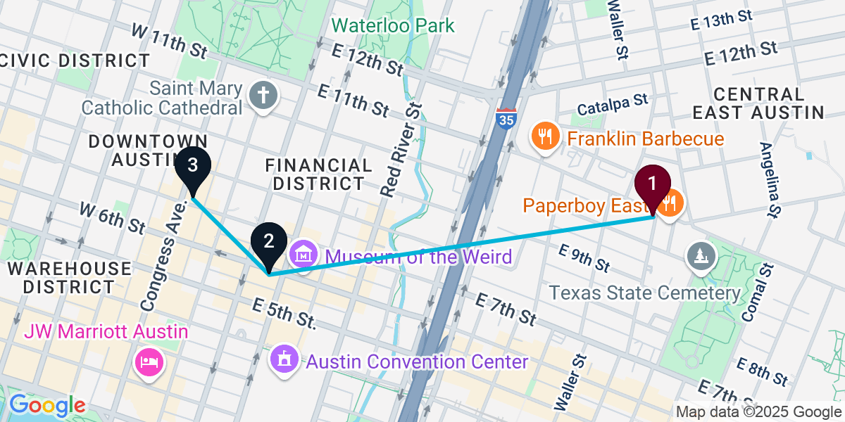 Map for 3-Stop Austin Pub Bar Crawl