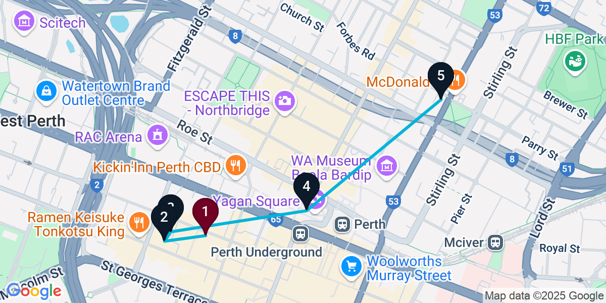 Map for 5-Stop Perth Cocktail Bar Crawl