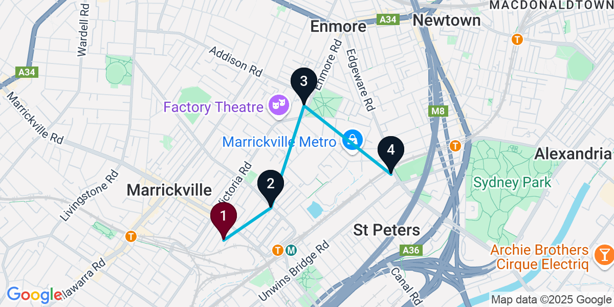 Map for 4-Stop Marrickville Brewery Bar Crawl