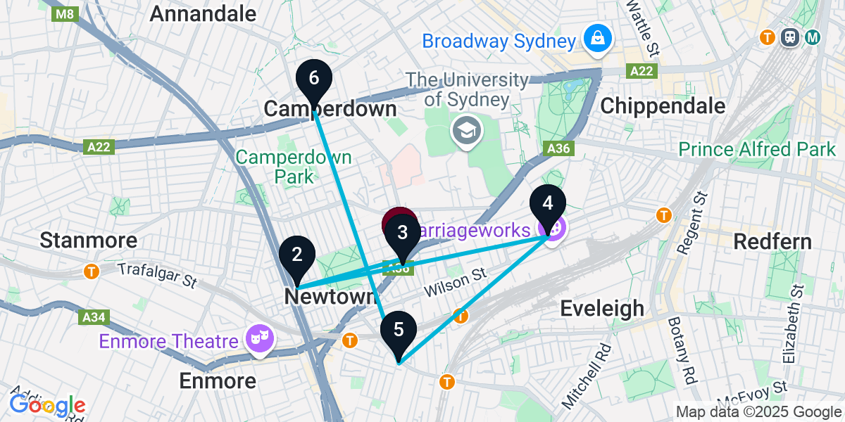 Map for 6-Stop Newtown Pub Bar Crawl