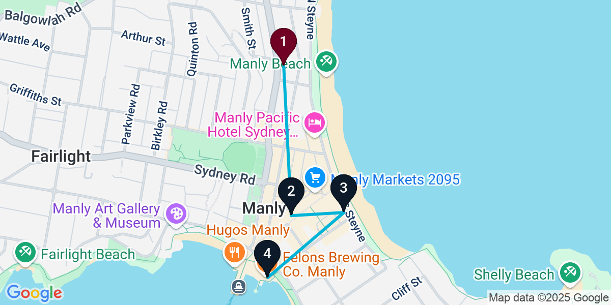 Map for 4-Stop Manly Pub Bar Crawl
