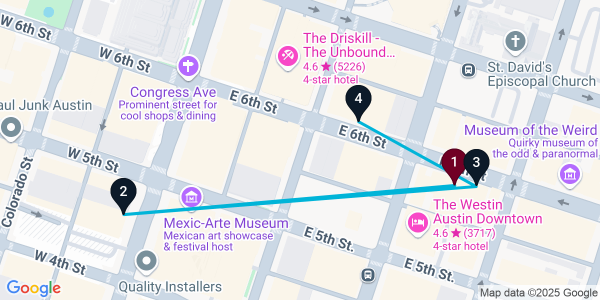 Map for 4-Stop Austin Live music Bar Crawl