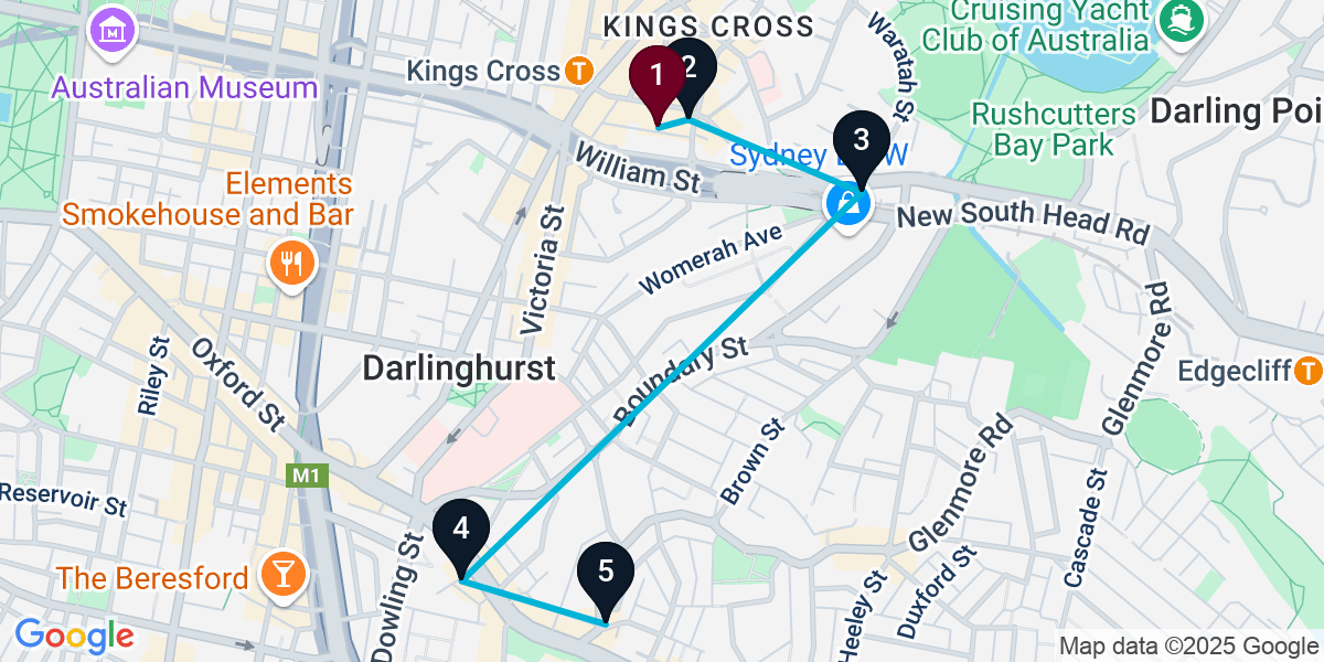 Map for 5-Stop Potts Point Wine bar Bar Crawl