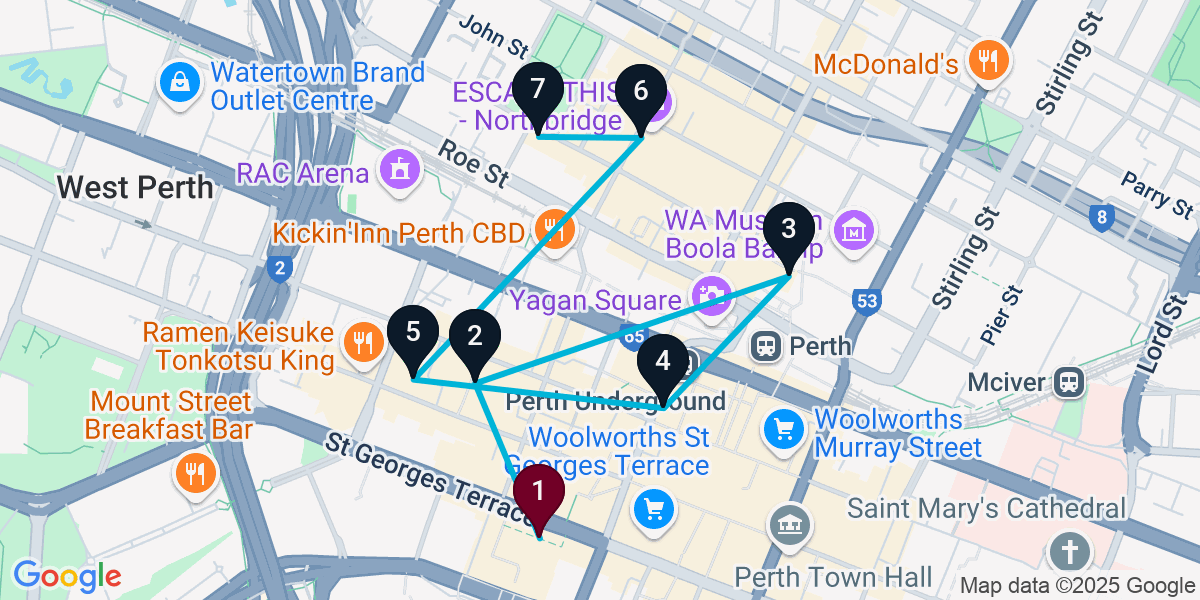 Map for 7-Stop Perth Bar Crawl