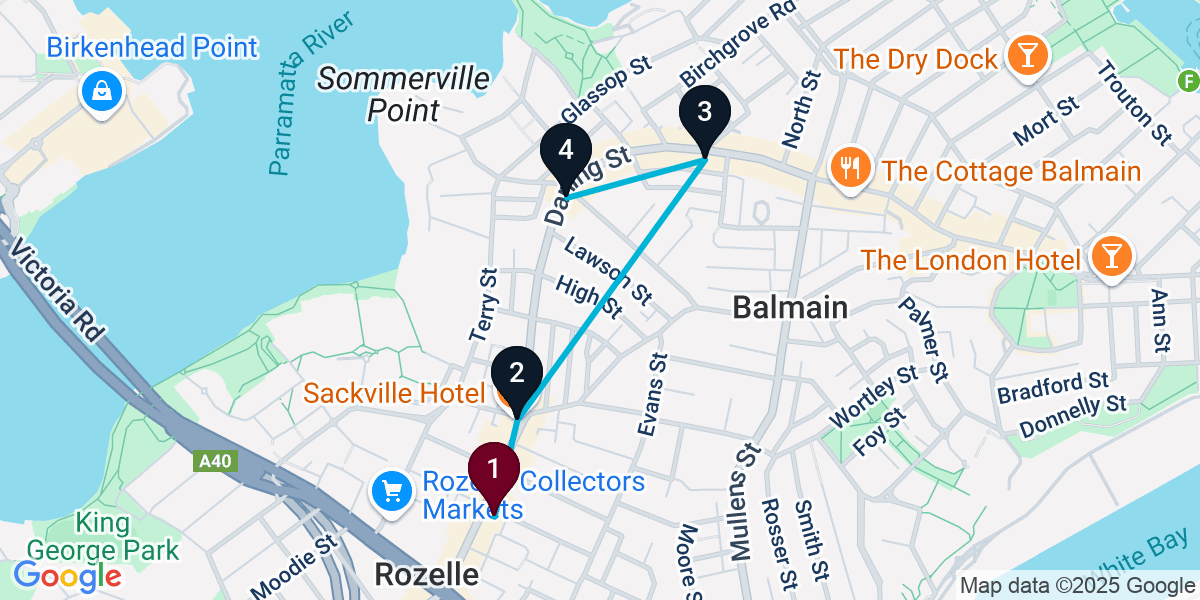Map for 4-Stop Rozelle Cocktail Bar Crawl