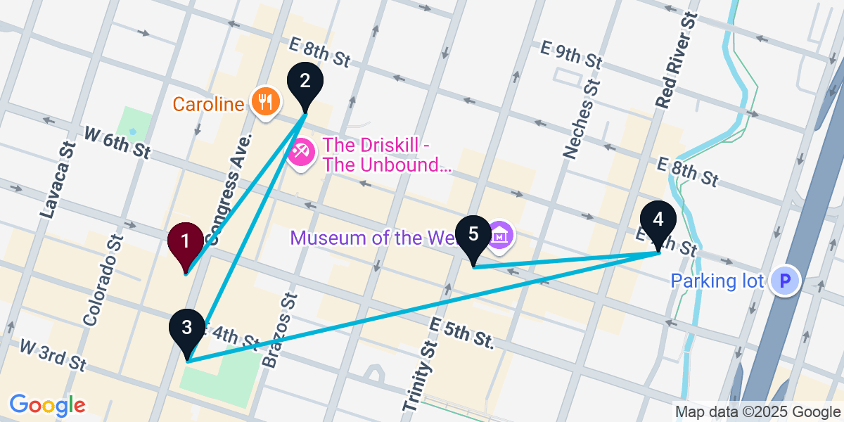 Map for 5-Stop Austin Wine bar Bar Crawl