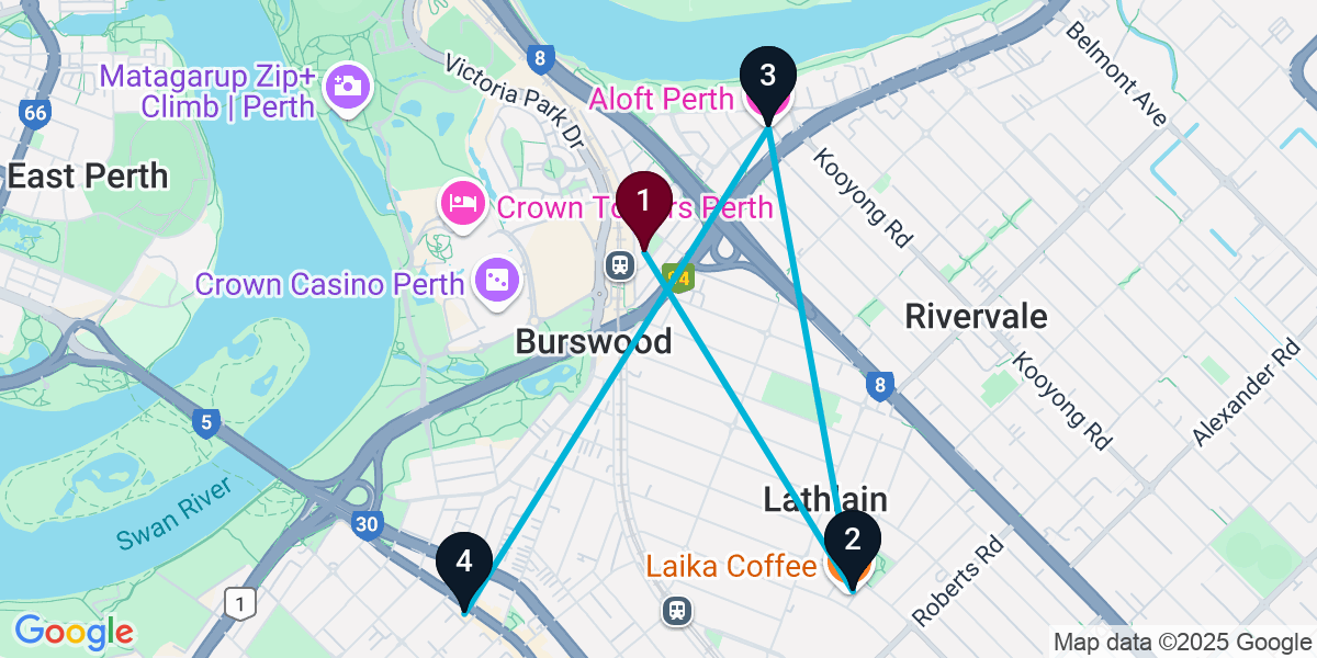 Map for 4-Stop Burswood Wine bar Bar Crawl