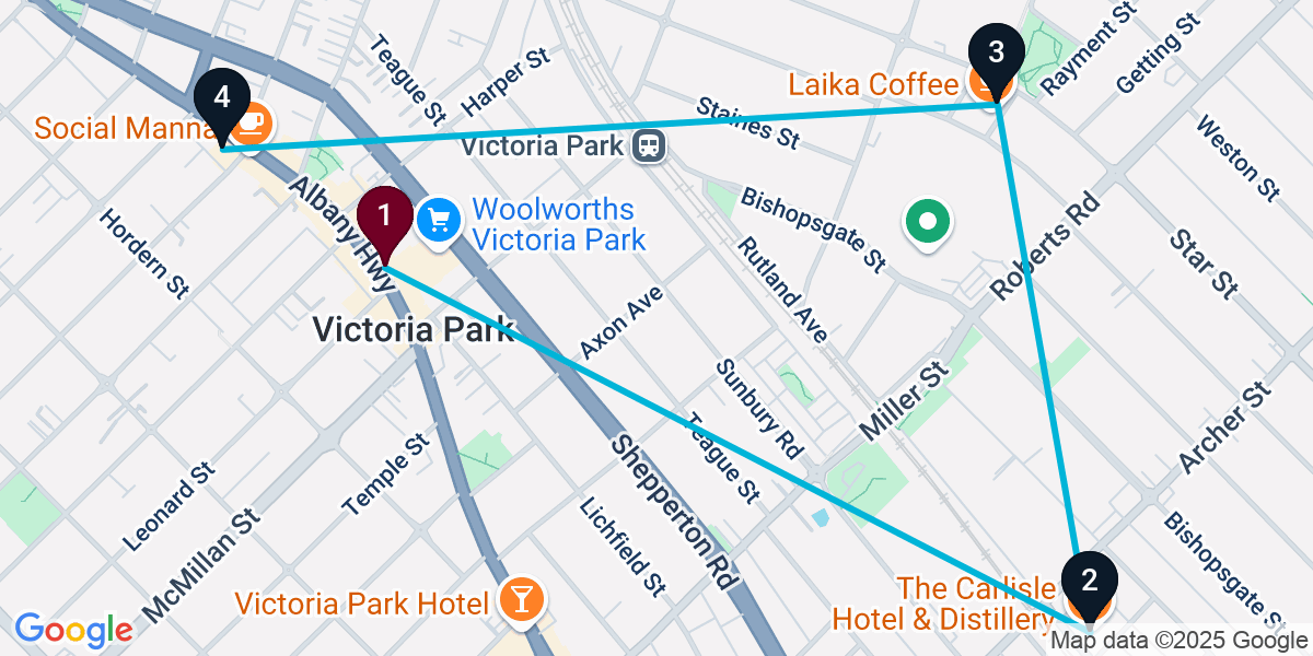 Map for 4-Stop Victoria Park Wine bar Bar Crawl