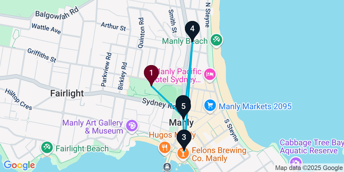 Map for 5-Stop Manly Bar Crawl
