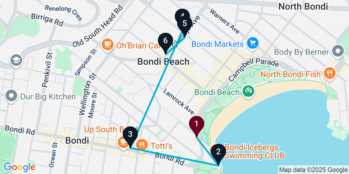 Map for 6-Stop Bondi Beach Bar Crawl