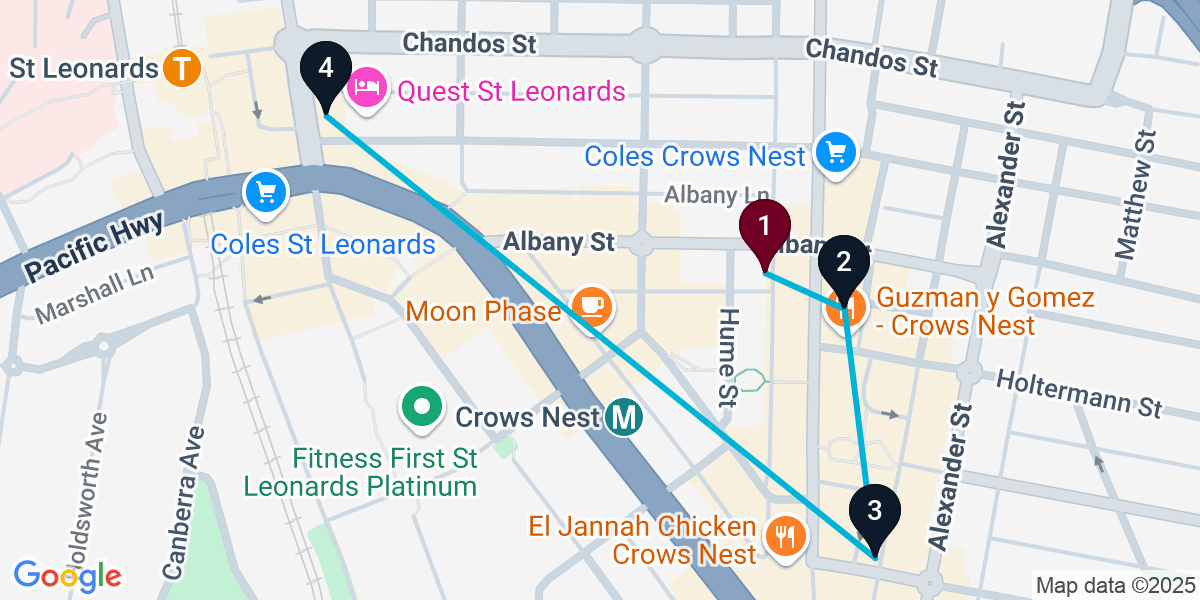 Map for 4-Stop Crows Nest Wine bar Bar Crawl