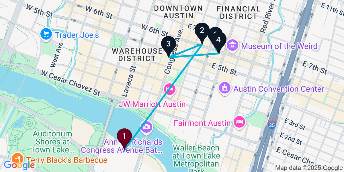 Map for 6-Stop Austin Live music Bar Crawl