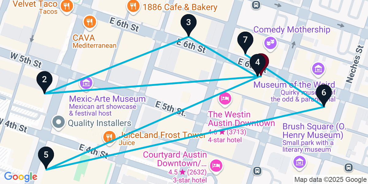 Map for 7-Stop Austin Live music Bar Crawl