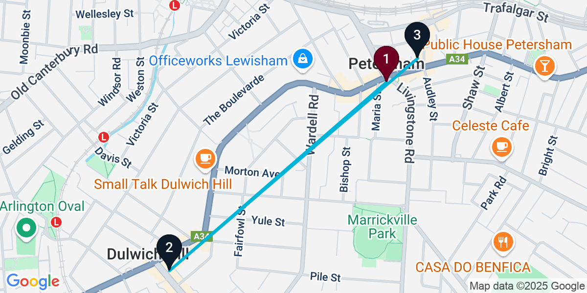 Map for 3-Stop Petersham Cocktail Bar Crawl