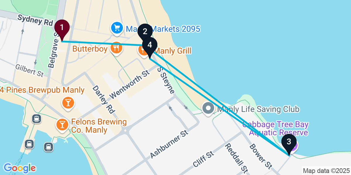 Map for 4-Stop Manly Beach bar Bar Crawl