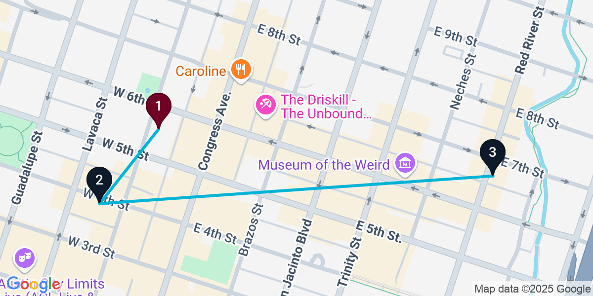 Map for 3-Stop Austin Nightclub Bar Crawl