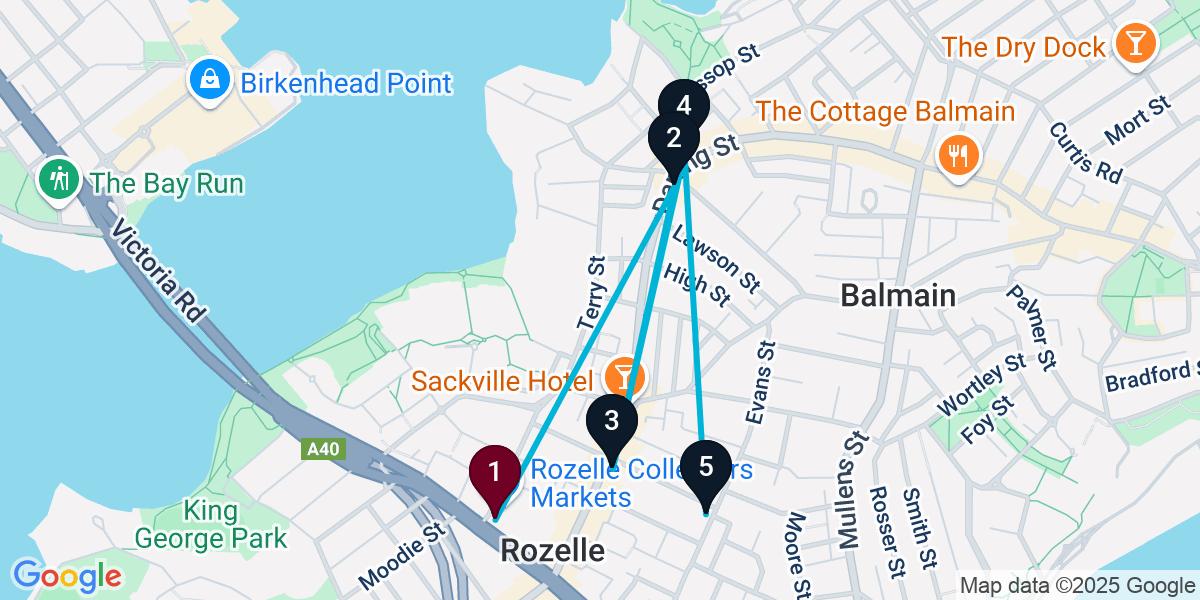 Map for 5-Stop Rozelle Bar Crawl