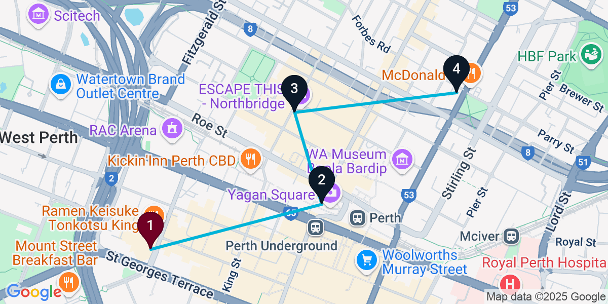 Map for 4-Stop Perth Bar Crawl