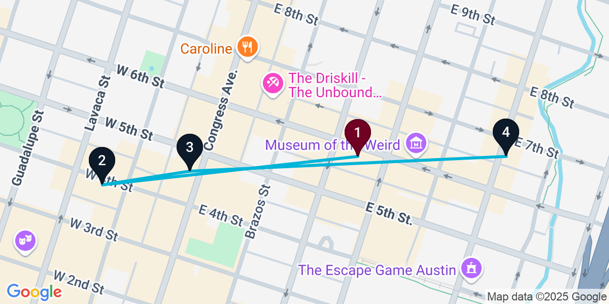 Map for 4-Stop Austin Nightclub Bar Crawl