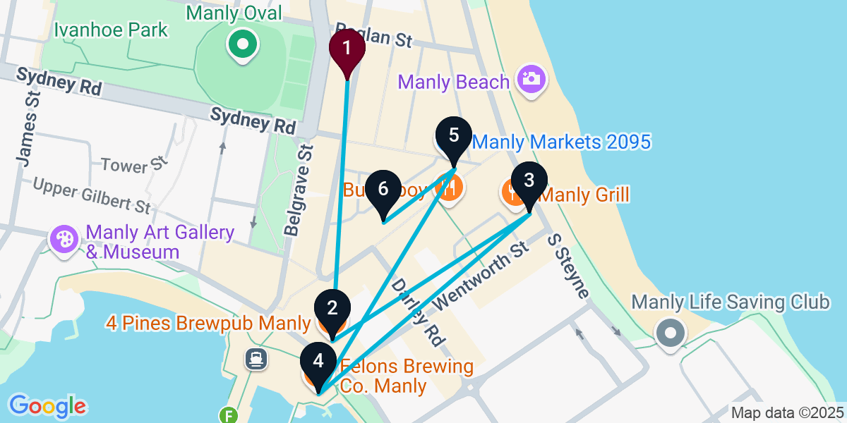 Map for 6-Stop Manly Pub Bar Crawl