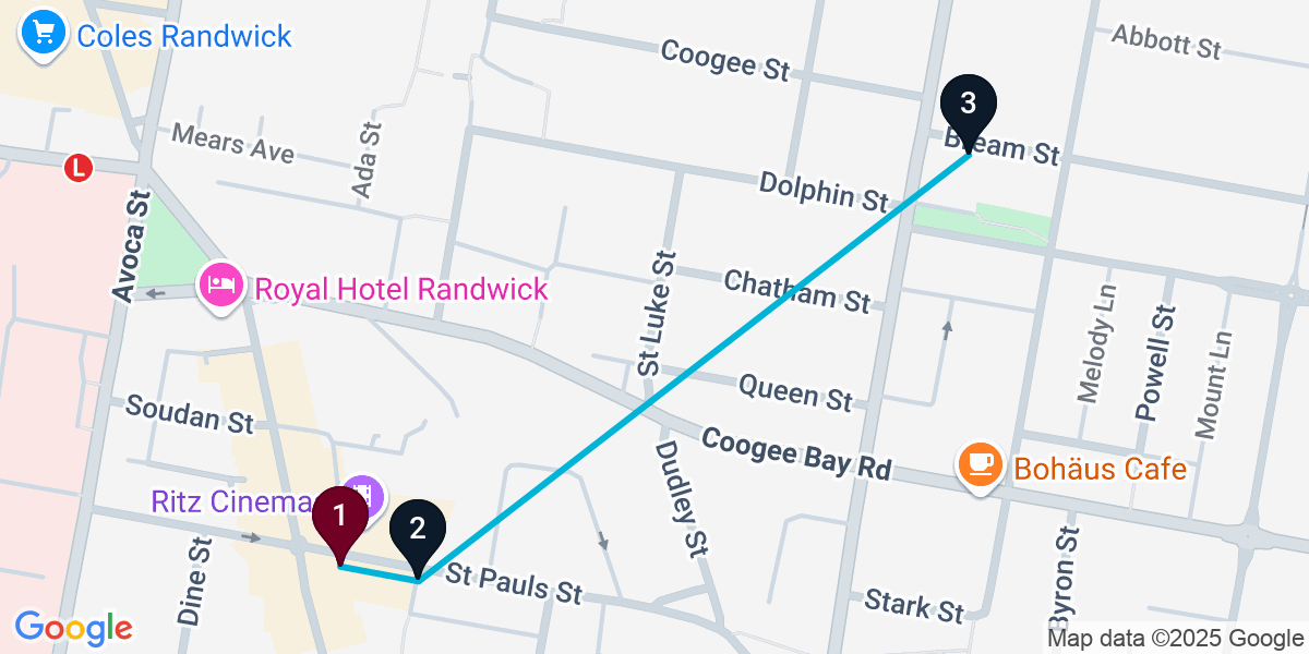 Map for 3-Stop Randwick Cocktail Bar Crawl