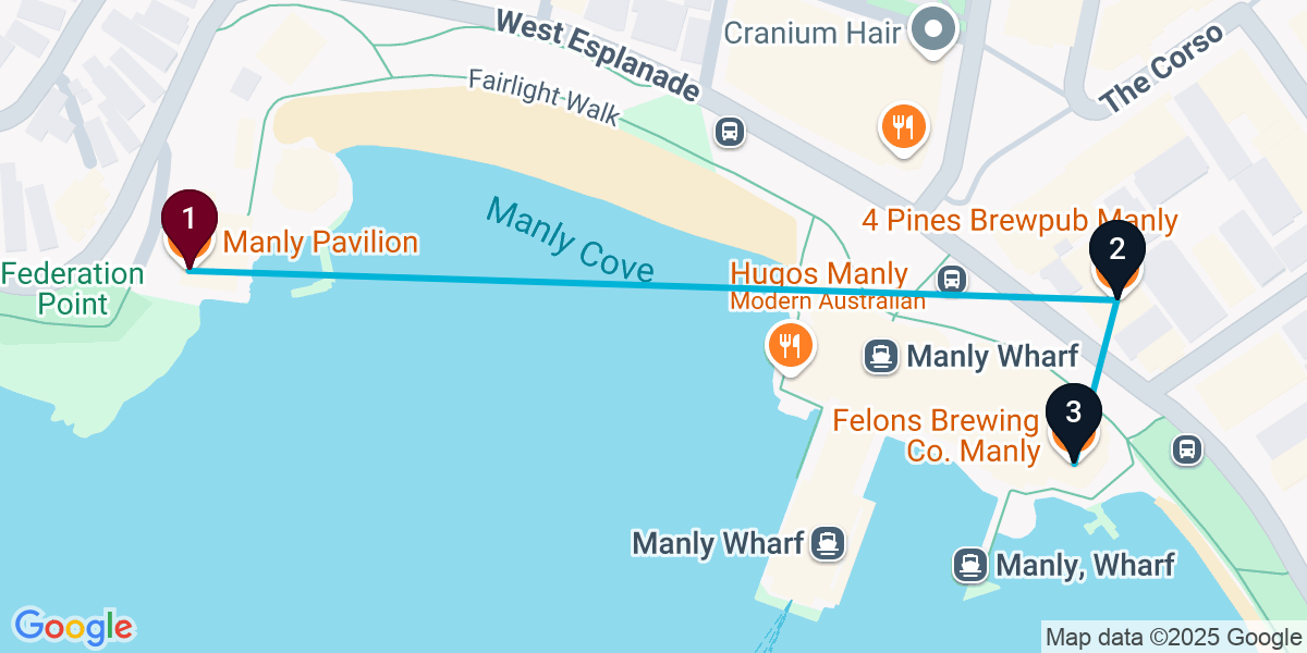Map for 3-Stop Manly Pub Bar Crawl