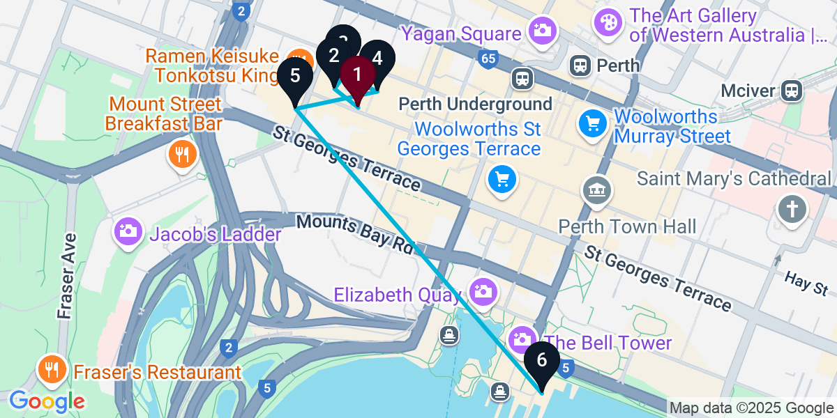 Map for 6-Stop Perth Bar Crawl