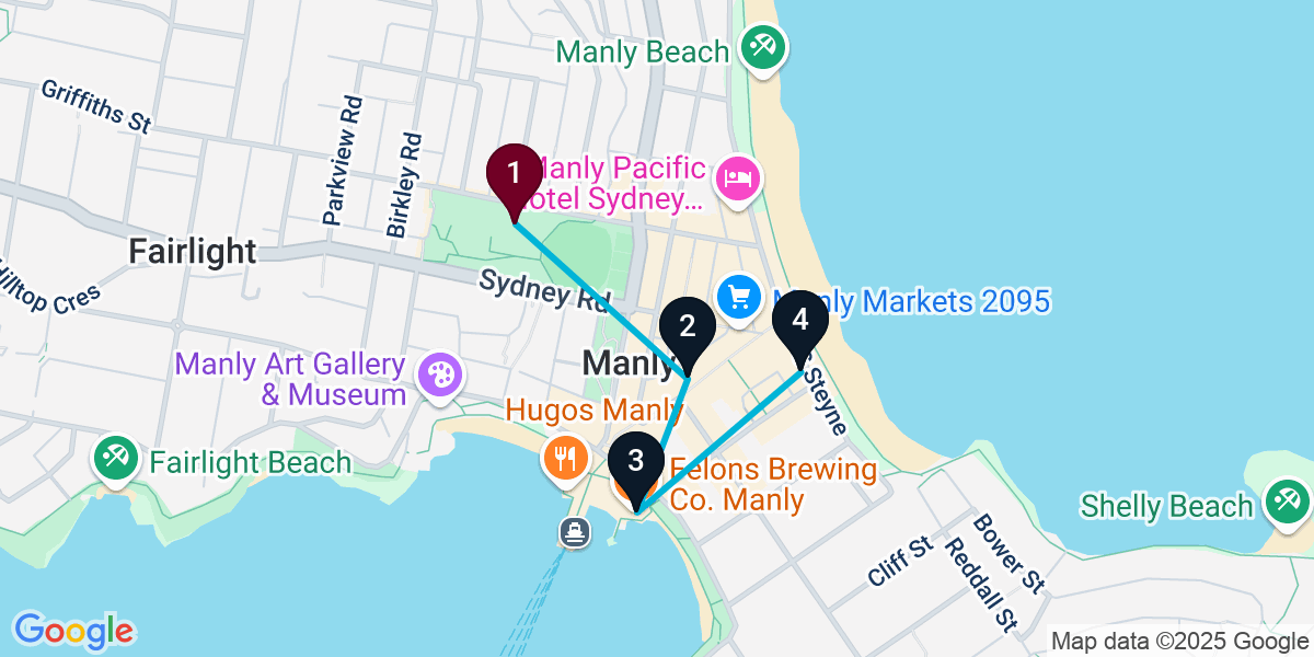 Map for 4-Stop Manly Pub Bar Crawl