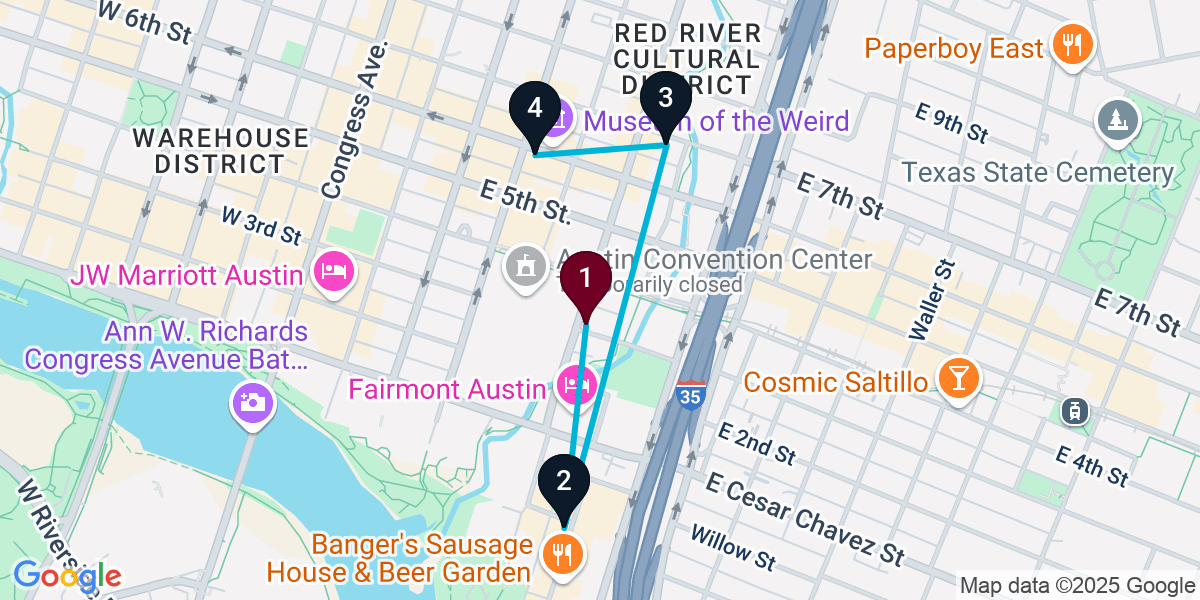 Map for 4-Stop Austin Bar Crawl