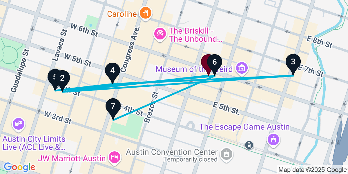Map for 7-Stop Austin Nightclub Bar Crawl