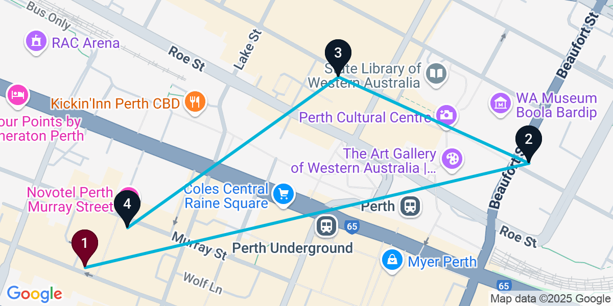 Map for 4-Stop Perth Nightclub Bar Crawl