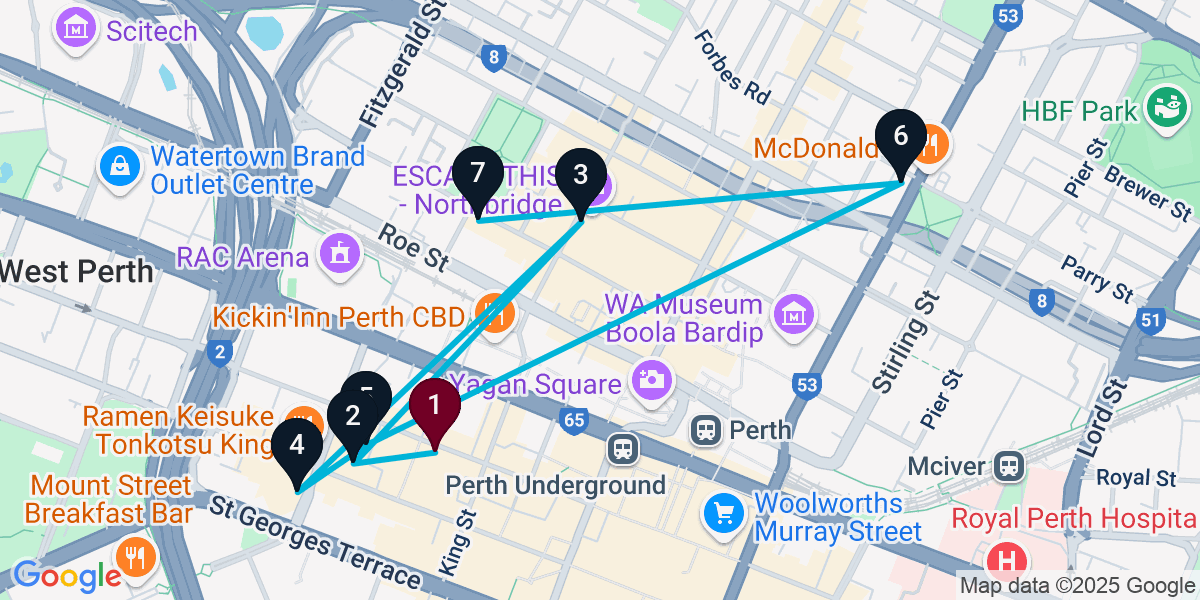 Map for 7-Stop Perth Bar Crawl