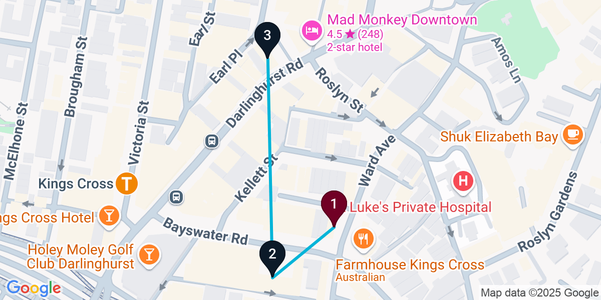 Map for 3-Stop Potts Point Rooftop Bar Crawl