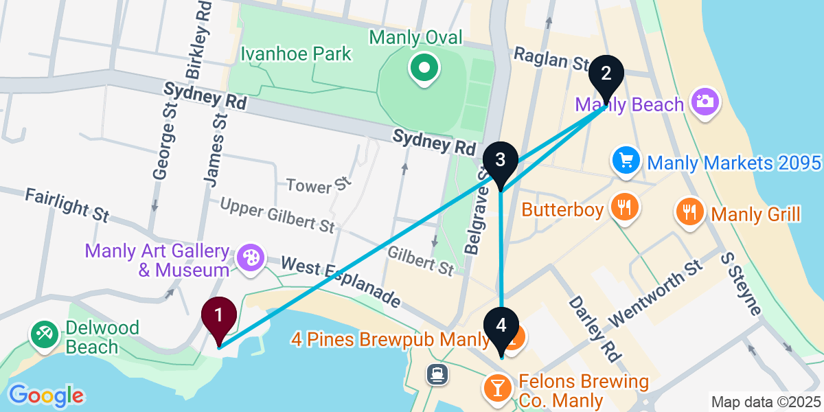 Map for 4-Stop Manly Cocktail Bar Crawl