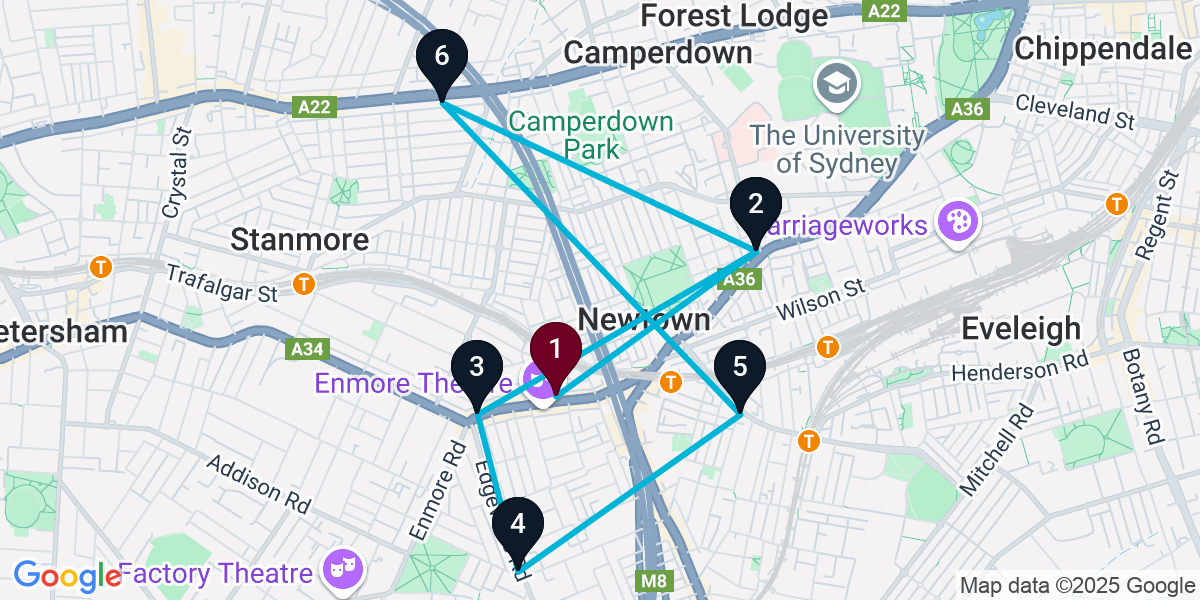 Map for 7-Stop Newtown Nightclub Bar Crawl
