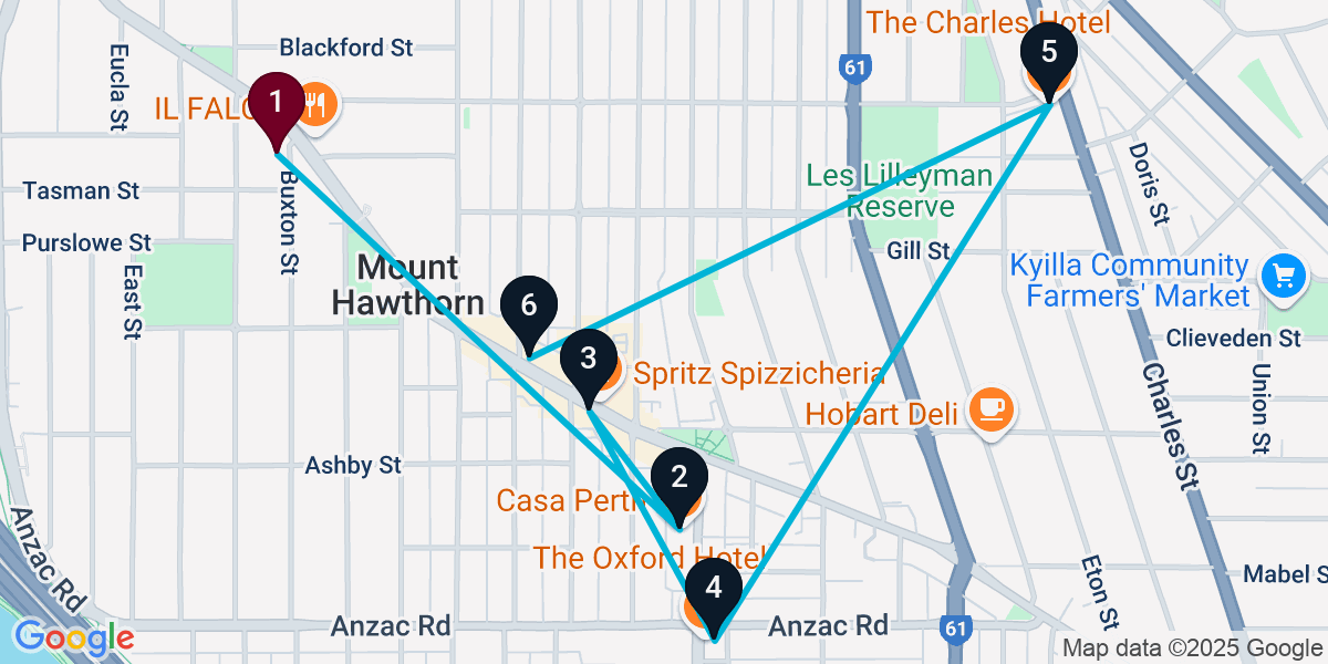 Map for 6-Stop Mount Hawthorn Bar Crawl