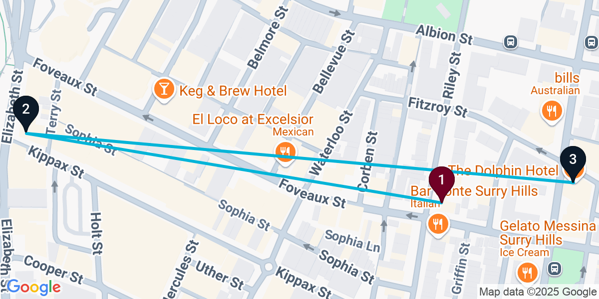 Map for 3-Stop Surry Hills Rooftop Bar Crawl