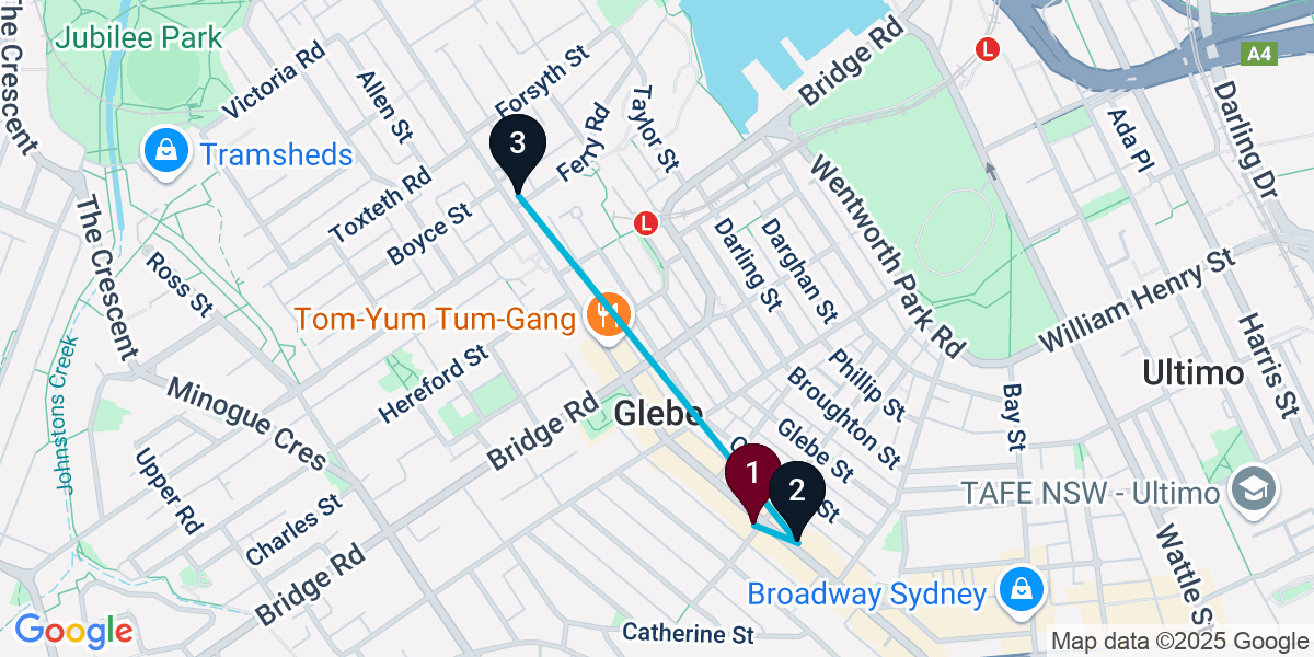 Map for 3-Stop Glebe Live music Bar Crawl