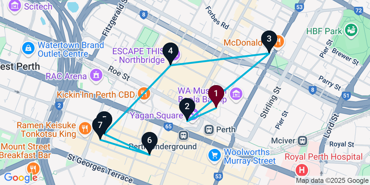 Map for 7-Stop Northbridge Cocktail Bar Crawl