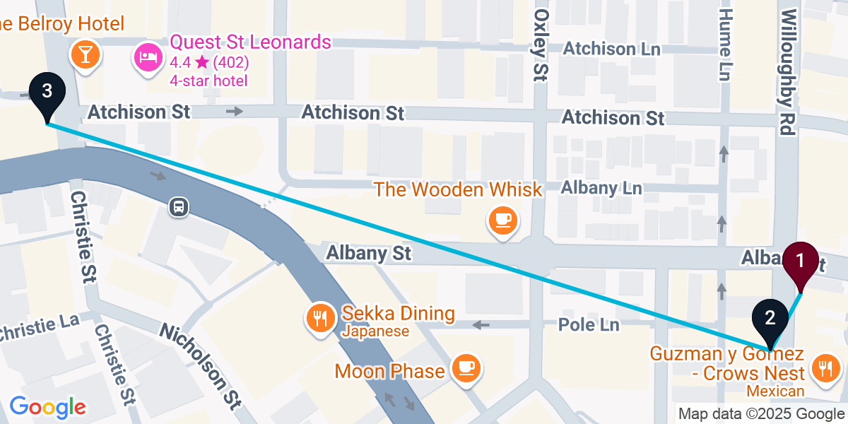 Map for 3-Stop Crows Nest Cocktail Bar Crawl